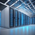 Isometric 3D render of a simplified data center server rack, glowing blue lights, clean white environment, represen Royalty Free Stock Photo