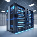 Isometric 3D render of a simplified data center server rack, glowing blue lights, clean white environment, represen Royalty Free Stock Photo