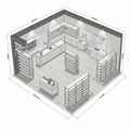 Isometric 3D rendering of a retail store layout, measuring 290 cm Royalty Free Stock Photo