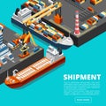 Isometric 3d seaport terminal with cargo ships, cranes and containers. Shipping industry vector concept