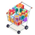 Isometric 3d shopping cart purchase goods gift isolated object icon flat design vector illustration Royalty Free Stock Photo