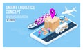 Isometric 3D Smart global logistics delivery tracking system on smartphone concept with export, import, warehouse business and Royalty Free Stock Photo