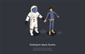 Isometric 3D Space Tourism Concept. Astronaut Trying On Spacesuit Before Travel Into Space. Adapting humans on Mars