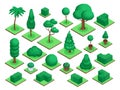 Isometric 3d trees. City park or forest tree plants, bushes, flowers pots. Spruce, palm tree, garden green fences Royalty Free Stock Photo