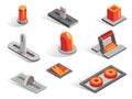 Isometric or 3d various buttons vector set. Isolated icons collection in different from. Levers sliders regulators