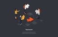 Isometric 3D Vector Illustration On Dark Background With Writing. Cartoon Composition, Office Teamwork, Togetherness