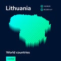 Isometric 3d vector Lithuania map in neon turquoise colors on a dark blue background.