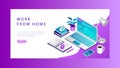 Isometric 3D Work From Home Concept. Website Landing Page. Freelance Workplace With Computer, Calendar, Documents, And