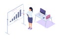 Isometric 3d young businesswoman presentation success statistic with laptop and diagram. Royalty Free Stock Photo