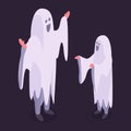 Isometric dad and son wearing ghost costumes. Halloween party masquerade characters, trick or treat night 3d vector illustration