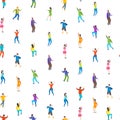 Isometric Dancing People Characters Seamless Pattern Background. Vector