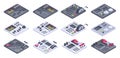 Isometric dashboards, 3d spaceship control panels. Aircraft panel with controllers, buttons and sliders vector illustration