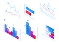 Isometric data analysis charts. Statistic diagram, 3d futuristic chart elements, infographic symbols illustration set