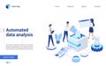 Isometric data analysis vector illustration, website interface 3d design with cartoon business analyst people working on