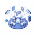 An isometric data analytics center with large visual charts, data streams, and analysts interacting with dashboards Royalty Free Stock Photo