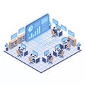 An isometric data analytics center with large visual charts, data streams, and analysts interacting with dashboards Royalty Free Stock Photo