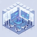An isometric data analytics center with large visual charts, data streams, and analysts interacting with dashboards Royalty Free Stock Photo