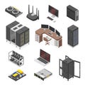 Isometric data center elements. Digital technologies, computers and monitors. Server equipment, router and components