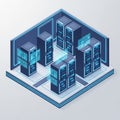 Isometric data center with high-tech servers and futuristic digital interfaces Royalty Free Stock Photo