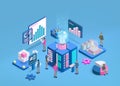 Isometric data infographic. Digital business technology. 3D work solution. Information analysis. Computer analytic workplace Royalty Free Stock Photo