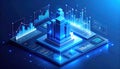 Isometric Data Visualization: Glowing Blue Charts and Centralized Block Structure Royalty Free Stock Photo