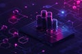Isometric data visualization with glowing cylindrical bars on a technological platform, representing AI-driven analytics. Royalty Free Stock Photo