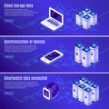 Isometric database. Computer, laptop and smartphone connected to cloud online data storage. Secure access to backup vector banners