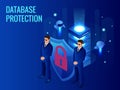 Isometric database protection concept. Server room rack, database security, shield server unit, computing digital Royalty Free Stock Photo