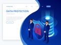 Isometric database protection concept. Server room rack, database security, shield server unit, computing digital