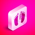 Isometric Dead body with an identity tag attached in the feet in a morgue of a hospital icon isolated on pink background