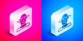 Isometric Deafness icon isolated on pink and blue background. Deaf symbol. Hearing impairment. Silver square button