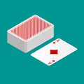 Isometric deck of poker cards upside down and one card suit up.