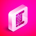 Isometric Decree, paper, parchment, scroll icon icon isolated on pink background. Silver square button. Vector Royalty Free Stock Photo