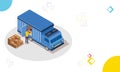 Isometric deliver truck, man loading package boxes, Logistics or