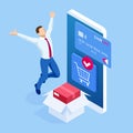 Isometric Delivery App isometric website template. Online shopping banner, fast delivery service. Woman using credit Royalty Free Stock Photo