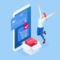 Isometric Delivery App isometric website template. Online shopping banner, fast delivery service. Woman using credit Royalty Free Stock Photo