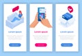 Isometric Delivery App isometric website template. Online shopping banner, fast delivery service. Woman using credit Royalty Free Stock Photo