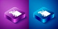 Isometric Delivery cargo truck vehicle icon isolated on blue and purple background. Square button. Vector