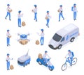 Isometric delivery characters, logistic service, postman or mailman workers. Delivery logistic service, parcels and packages