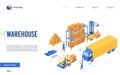 Isometric delivery logistic service vector illustration, 3d interface website design with cartoon worker characters work