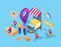Isometric delivery service, cargo package parcel in box, vector illustration. Business shipping, truck transportation Royalty Free Stock Photo