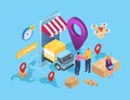 Isometric delivery service, cargo package parcel in box, vector illustration. Business shipping, truck transportation Royalty Free Stock Photo