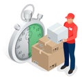 Isometric delivery service concept. Fast delivery car, fast delivery motobike, delivery man, stopwatch. Vector 3d Royalty Free Stock Photo