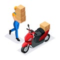 Isometric delivery service courier carries boxes to the scooter, fast delivery of orders, round the clock work, the courier bears