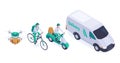 Isometric delivery service, courier characters and delivery robot. Logistic, shipping workers on bicycle, scooter bike and truck