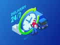 Isometric delivery service. Delivery van and package man. Flat style vector illustration. Royalty Free Stock Photo