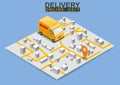 Isometric delivery truck concept. Map city logstics online shopping ecommerce concept isometric. Vector isolated