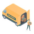 Isometric delivery van and courier carries a box