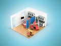 Isometric dentist office on two posts red 3d rendering on blue b