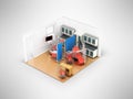 Isometric dentist office on two posts red 3d rendering on gray b